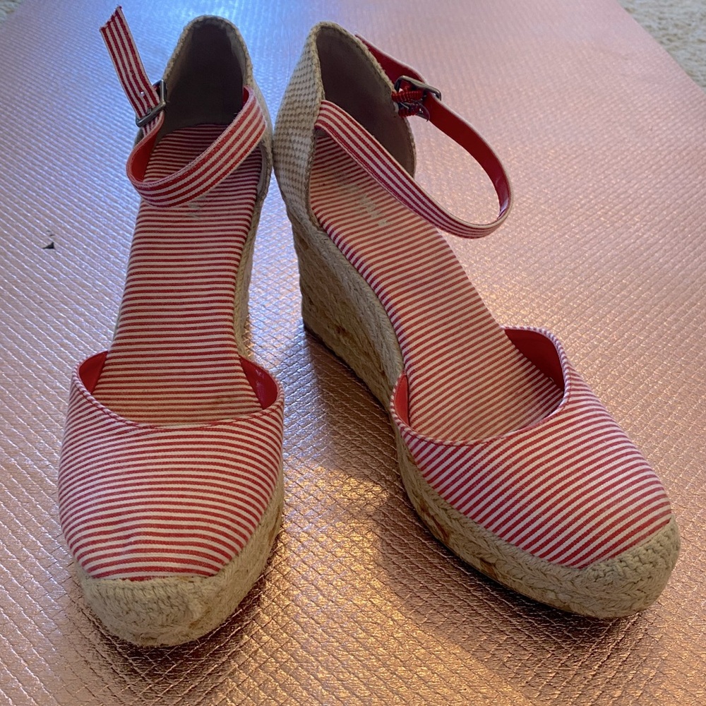 Red and white striped Espadrille Wedges